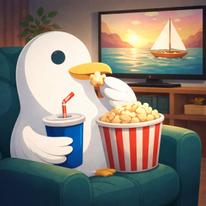 Seagull enjoying movie night snacks logo